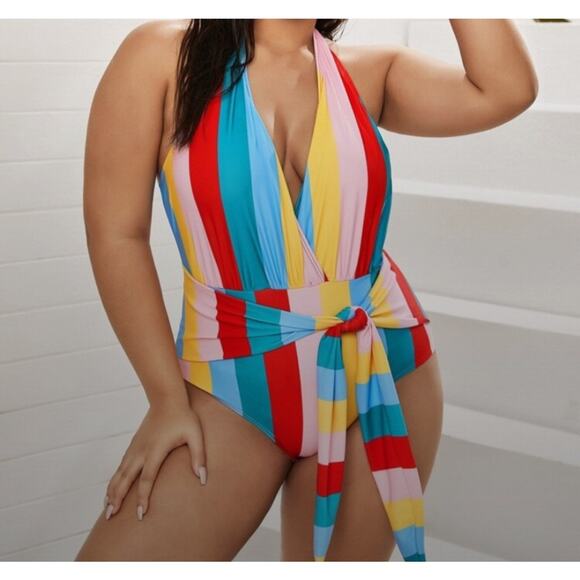 Shein Multicolor Lowcut One Piece Stripe Knot Swimsuit Adjustable Size 16 - Picture 1 of 8